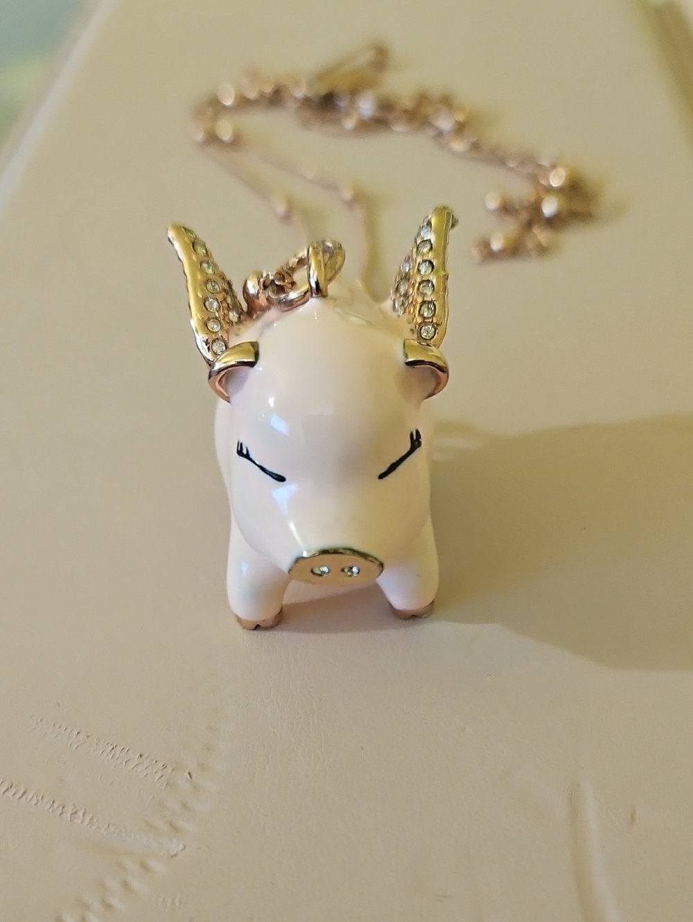 Kids Pink Pig Pendant Necklace with Gold Accents. Vintage